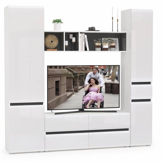 Стенка в гостиную Сидней № 21 цвет белый/чёрный/фасады МДФ белый глянец Стенка в гостиную Сидней № 21 цвет белый/чёрный/фасады МДФ белый глянец