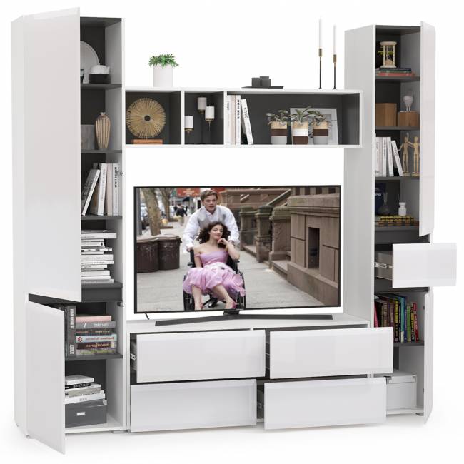 Стенка в гостиную Сидней № 21 цвет белый/чёрный/фасады МДФ белый глянец Стенка в гостиную Сидней № 21 цвет белый/чёрный/фасады МДФ белый глянец