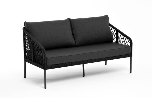 "Канны" диван 2-местный плетеный из роупа (узелки), каркас алюминий темно-серый (RAL7024) муар, роуп темно-серый круглый, ткань темно-серая 027 "Канны" диван 2-местный плетеный из роупа (узелки), каркас алюминий темно-серый (RAL7024) муар, роуп темно-серый круглый, ткань темно-серая 027