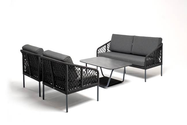 "Канны" диван 2-местный плетеный из роупа (узелки), каркас алюминий темно-серый (RAL7024) муар, роуп темно-серый круглый, ткань темно-серая 027 "Канны" диван 2-местный плетеный из роупа (узелки), каркас алюминий темно-серый (RAL7024) муар, роуп темно-серый круглый, ткань темно-серая 027