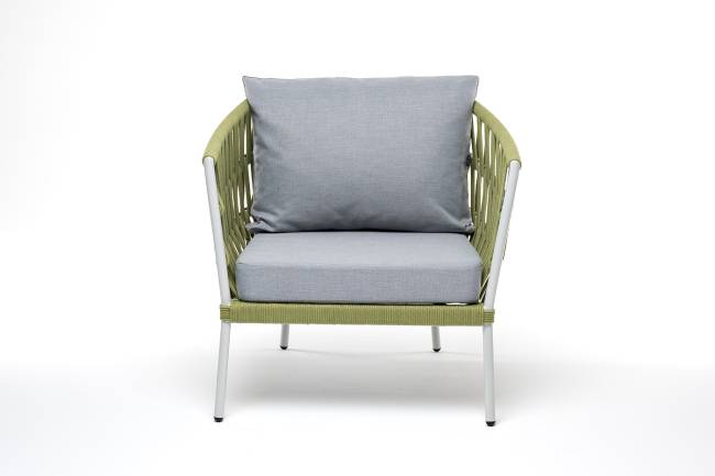 "Диего" кресло плетеное из роупа, каркас алюминий светло-серый (RAL7035) муар, роуп салатовый меланж круглый, ткань светло-серая "Диего" кресло плетеное из роупа, каркас алюминий светло-серый (RAL7035) муар, роуп салатовый меланж круглый, ткань светло-серая