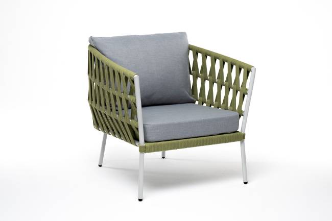 "Диего" кресло плетеное из роупа, каркас алюминий светло-серый (RAL7035) муар, роуп салатовый меланж круглый, ткань светло-серая "Диего" кресло плетеное из роупа, каркас алюминий светло-серый (RAL7035) муар, роуп салатовый меланж круглый, ткань светло-серая