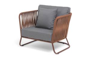 "Багамы" кресло плетеное из роупа, каркас алюминий коричневый (RAL8016) муар, роуп BZ23-ED31, ткань темно-серая 027 "Багамы" кресло плетеное из роупа, каркас алюминий коричневый (RAL8016) муар, роуп BZ23-ED31, ткань темно-серая 027