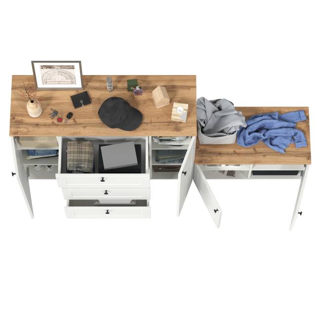 Комод Остин 16.221 с тумбой две дверки цвет белый шагрень/дуб крафт золотой