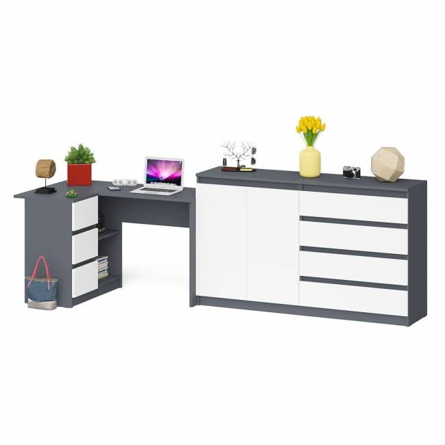 Угловой стол компьютерный левый МС-16 с комодом-тумбой 1600 Мори цвет графит/белый