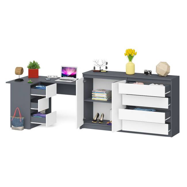 Угловой стол компьютерный левый МС-16 с комодом-тумбой 1600 Мори цвет графит/белый
