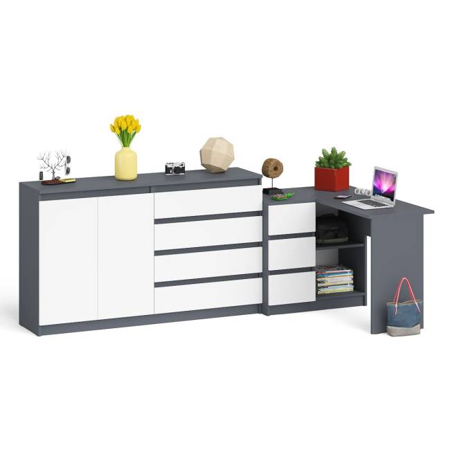 Угловой стол компьютерный левый МС-16 с комодом-тумбой 1600 Мори цвет графит/белый