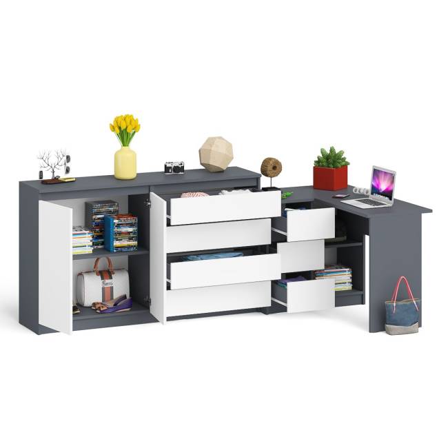 Угловой стол компьютерный левый МС-16 с комодом-тумбой 1600 Мори цвет графит/белый