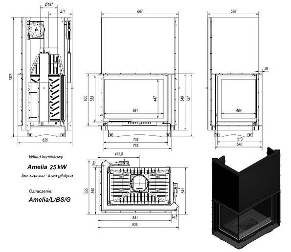 Топка AMELIA/L/BS/G, Г-образное стекло слева, гильотина