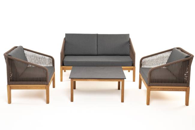 "Канны" лаунж-зона 4-местная из роупа со столиком "Канны" (серый гранит), основание дуб, роуп коричневый