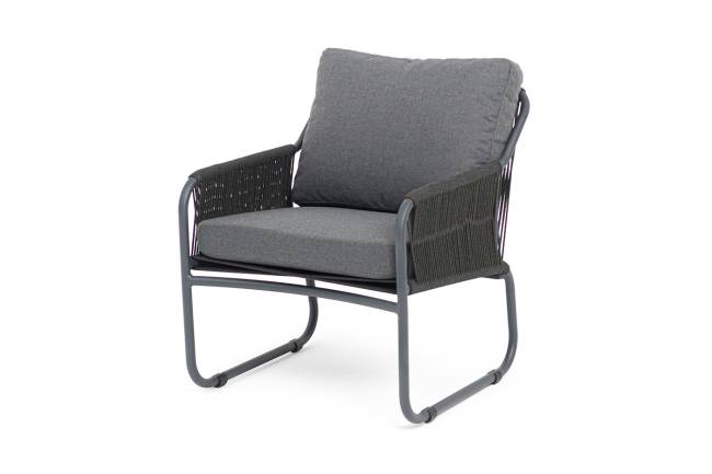 "Ането" кресло плетеное из роупа, каркас алюминий темно-серый (RAL7024) муар, роуп темно-серый круглый, ткань темно-серая 027 "Ането" кресло плетеное из роупа, каркас алюминий темно-серый (RAL7024) муар, роуп темно-серый круглый, ткань темно-серая 027