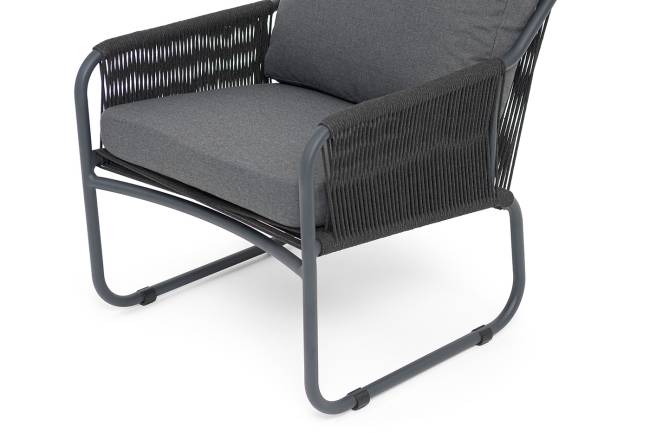 "Ането" кресло плетеное из роупа, каркас алюминий темно-серый (RAL7024) муар, роуп темно-серый круглый, ткань темно-серая 027 "Ането" кресло плетеное из роупа, каркас алюминий темно-серый (RAL7024) муар, роуп темно-серый круглый, ткань темно-серая 027