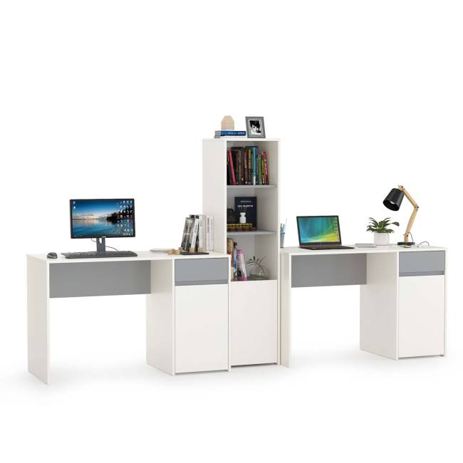 Два письменных стола и открытый стеллаж Торонто цвет белый шагрень/стальной серый Два письменных стола и открытый стеллаж Торонто цвет белый шагрень/стальной серый