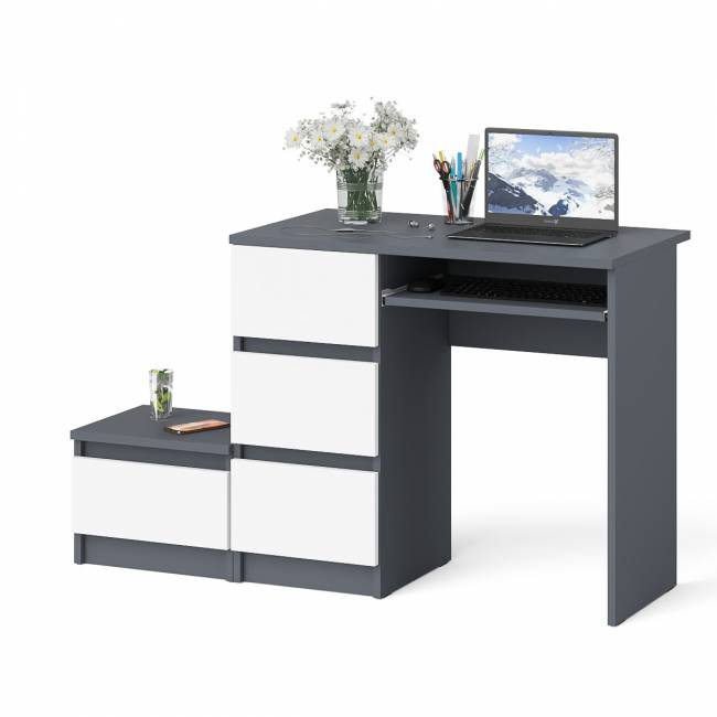 Компьютерный стол три ящика Мори МС-6 левый с тумбой 400 цвет графит/белый