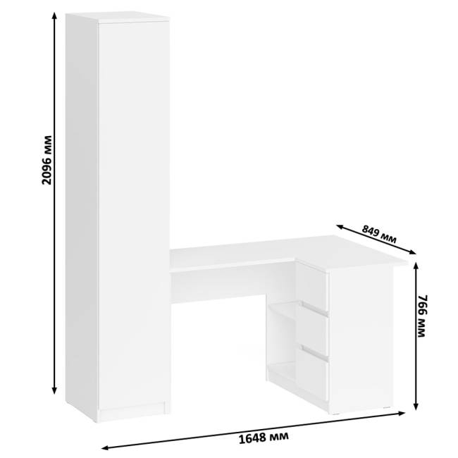 Пенал Мори 400 с угловым компьютерным столом МС-16 три ящика справа цвет белый