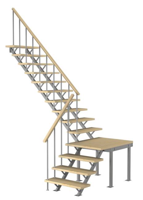 Комбинированная межэтажная лестница ЛЕС-05-3 (поворот 90°, h 3 м), Сосна с подступенкой