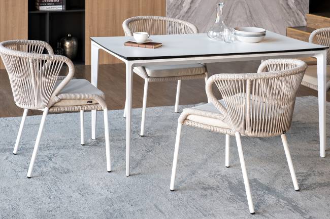 "Малага" обеденная группа на 4 персоны со стульями "Милан", каркас белый, роуп бежевый "Малага" обеденная группа на 4 персоны со стульями "Милан", каркас белый, роуп бежевый