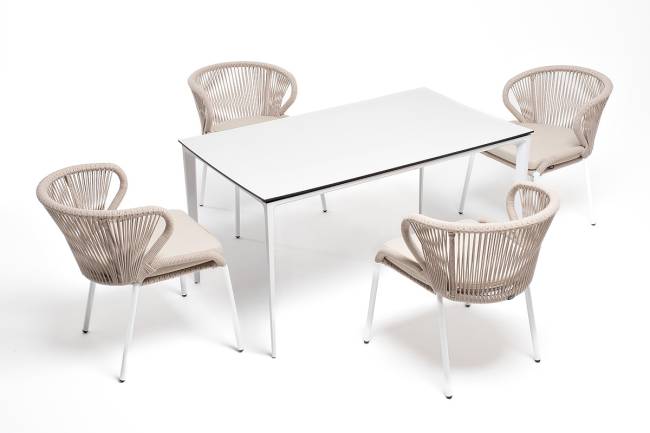 "Малага" обеденная группа на 4 персоны со стульями "Милан", каркас белый, роуп бежевый "Малага" обеденная группа на 4 персоны со стульями "Милан", каркас белый, роуп бежевый