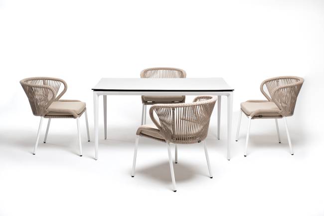 "Малага" обеденная группа на 4 персоны со стульями "Милан", каркас белый, роуп бежевый "Малага" обеденная группа на 4 персоны со стульями "Милан", каркас белый, роуп бежевый