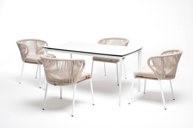 "Малага" обеденная группа на 4 персоны со стульями "Милан", каркас белый, роуп бежевый "Малага" обеденная группа на 4 персоны со стульями "Милан", каркас белый, роуп бежевый