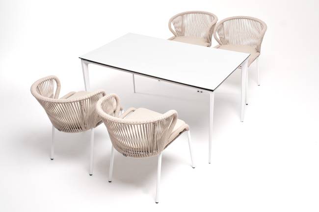 "Малага" обеденная группа на 4 персоны со стульями "Милан", каркас белый, роуп бежевый "Малага" обеденная группа на 4 персоны со стульями "Милан", каркас белый, роуп бежевый