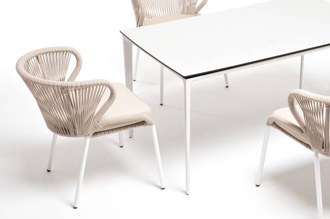 "Малага" обеденная группа на 4 персоны со стульями "Милан", каркас белый, роуп бежевый "Малага" обеденная группа на 4 персоны со стульями "Милан", каркас белый, роуп бежевый