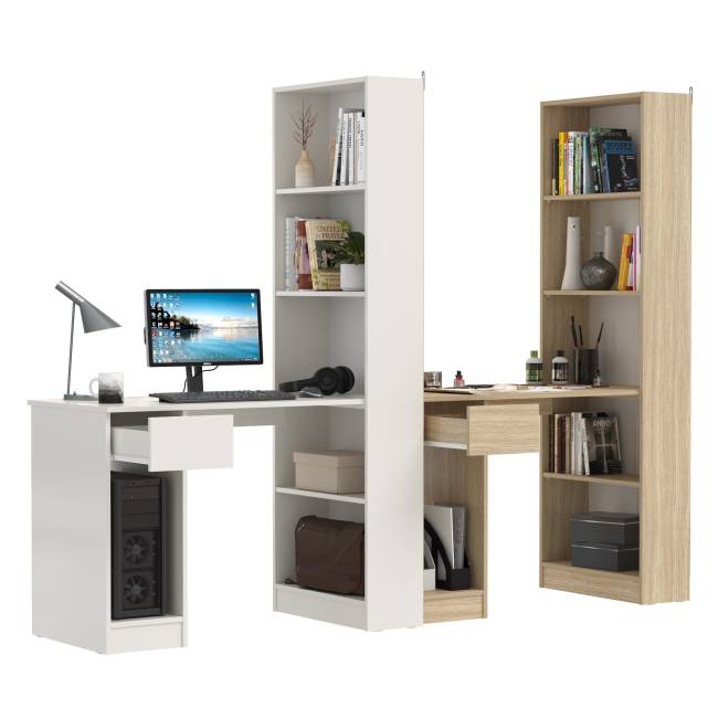 Два письменных стола Лайт 10.01 со шкафом с полками цвет белый гладкий/плэйн