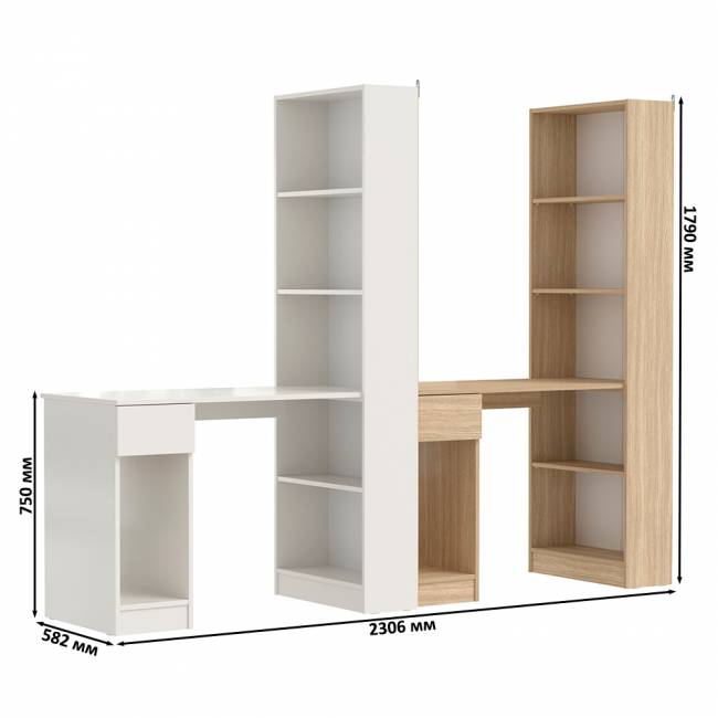 Два письменных стола Лайт 10.01 со шкафом с полками цвет белый гладкий/плэйн