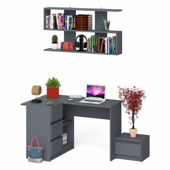 Угловой стол компьютерный Мори МС-16 левый с тумбочкой с ящиком 400 и полкой на 1200 цвет графит