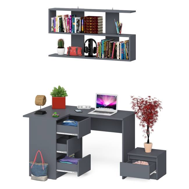 Угловой стол компьютерный Мори МС-16 левый с тумбочкой с ящиком 400 и полкой на 1200 цвет графит