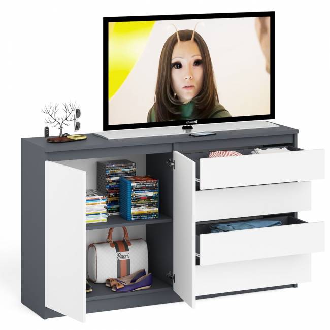 Комод широкий на четыре ящика и две дверки Мори МК1600.1 цвет графит/белый