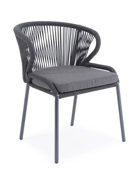 "Милан" стул плетеный из роупа, каркас алюминий темно-серый (RAL7024) муар, роуп темно-серый круглый, ткань темно-серая 027