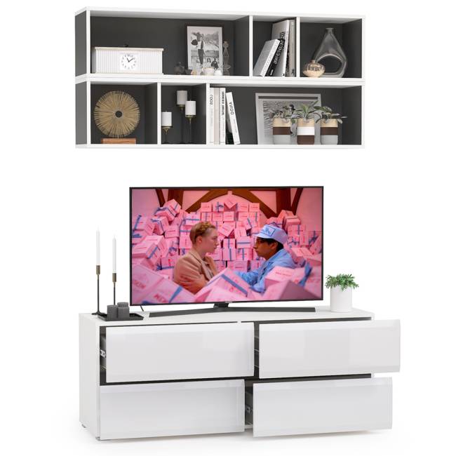 Тумба для ТВ с двумя полками Сидней цвет белый/чёрный/фасады МДФ белый глянец