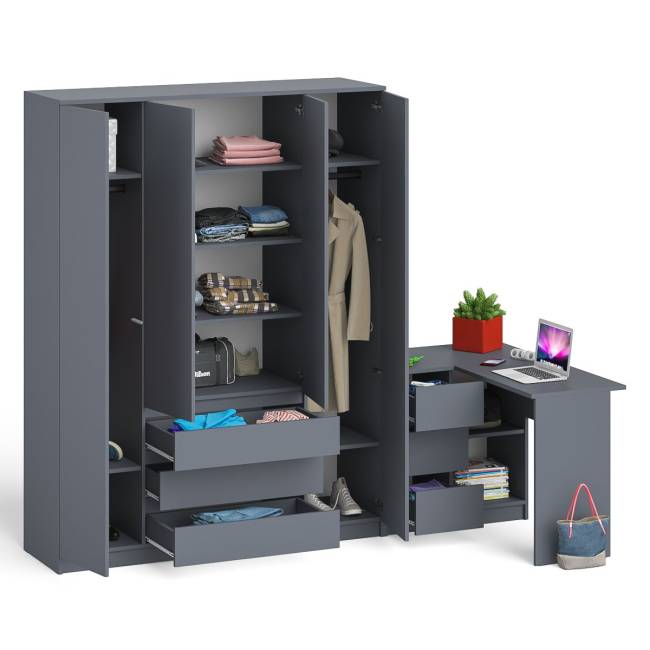 Стол компьютерный угловой с тумбой слева и шкаф 1600 Мори цвет графит Стол компьютерный угловой с тумбой слева и шкаф 1600 Мори цвет графит